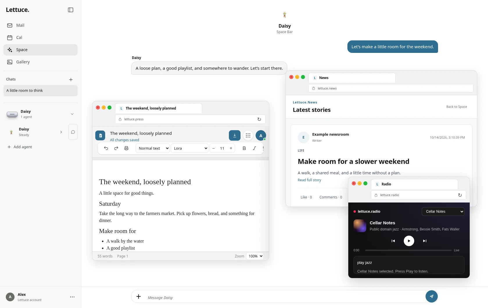 Lettuce.Space workspace with agents, chats and its message composer